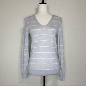 Banana Republic 100% Merino Wool Gray Striped V-neck Sweater